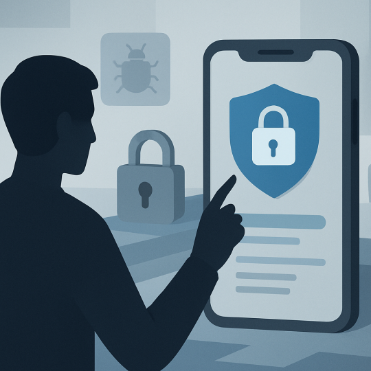 Developer reviewing mobile app security checklist on laptop and phone