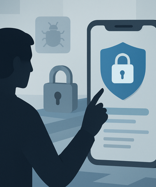 Developer reviewing mobile app security checklist on laptop and phone