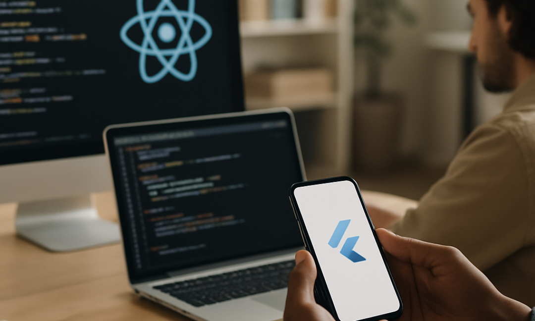 Side by side comparison illustrating React Native vs Flutter framework differences for 2026 mobile development