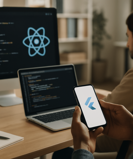 Side by side comparison illustrating React Native vs Flutter framework differences for 2026 mobile development