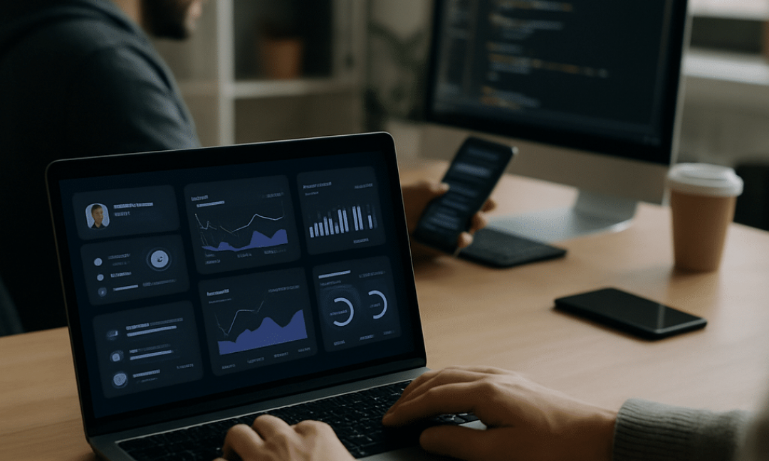 Designer reviewing dark mode UI design layouts on a laptop screen