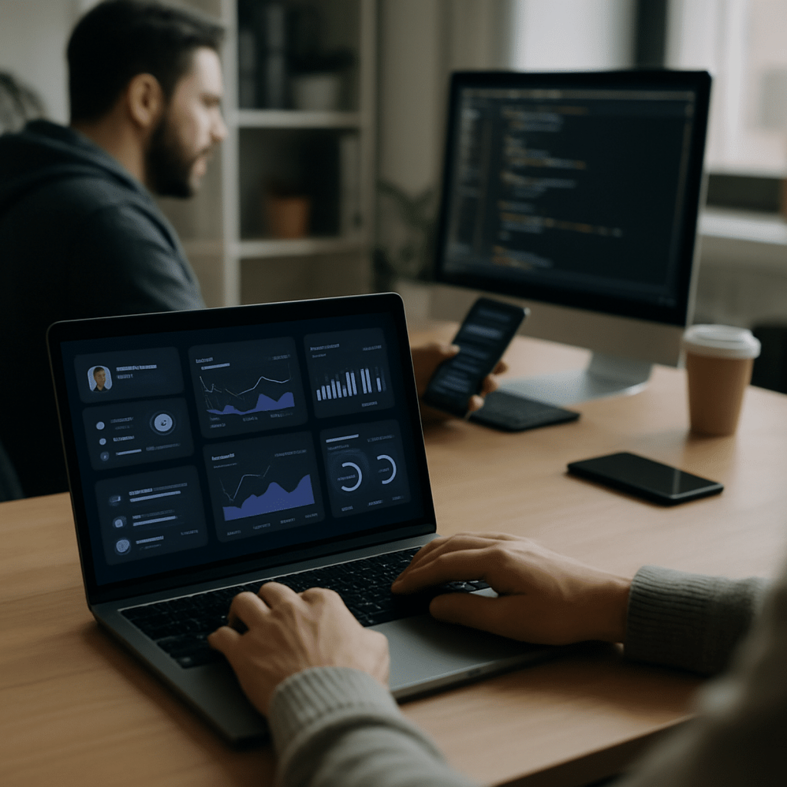 Designer reviewing dark mode UI design layouts on a laptop screen