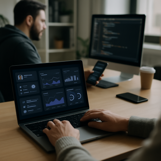 Designer reviewing dark mode UI design layouts on a laptop screen
