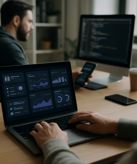 Designer reviewing dark mode UI design layouts on a laptop screen