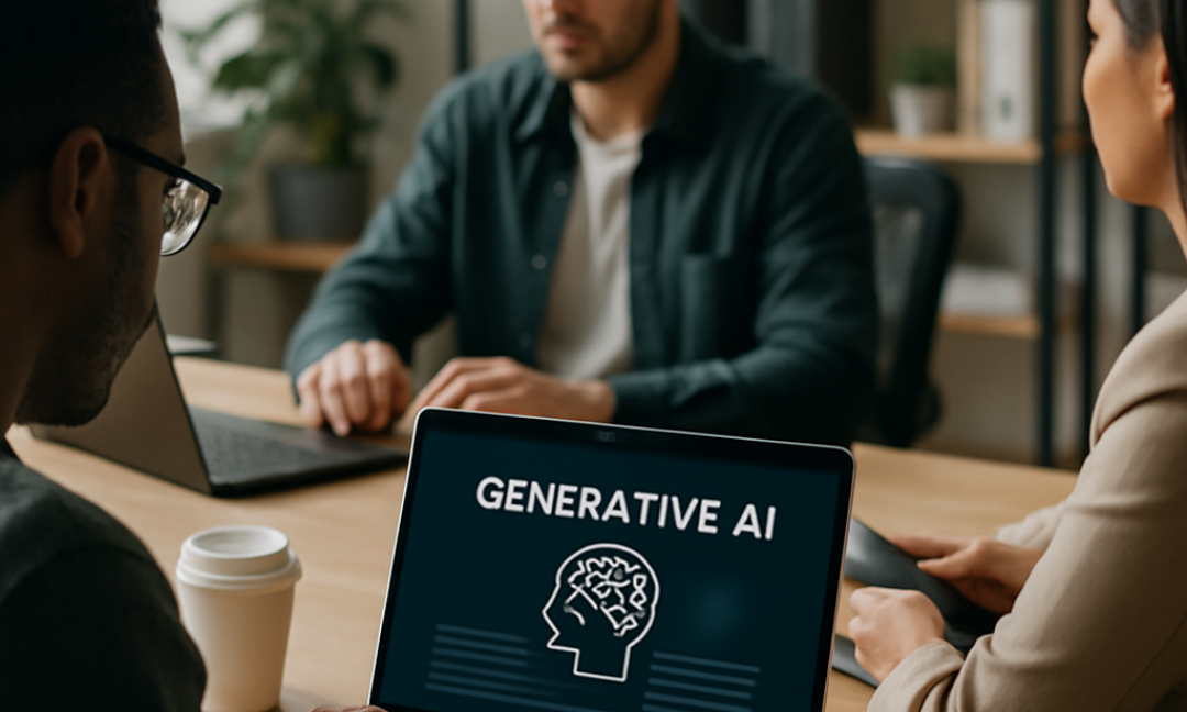 Team reviewing generative AI use cases on a dashboard inside a modern office