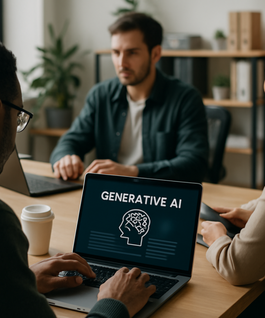 Team reviewing generative AI use cases on a dashboard inside a modern office