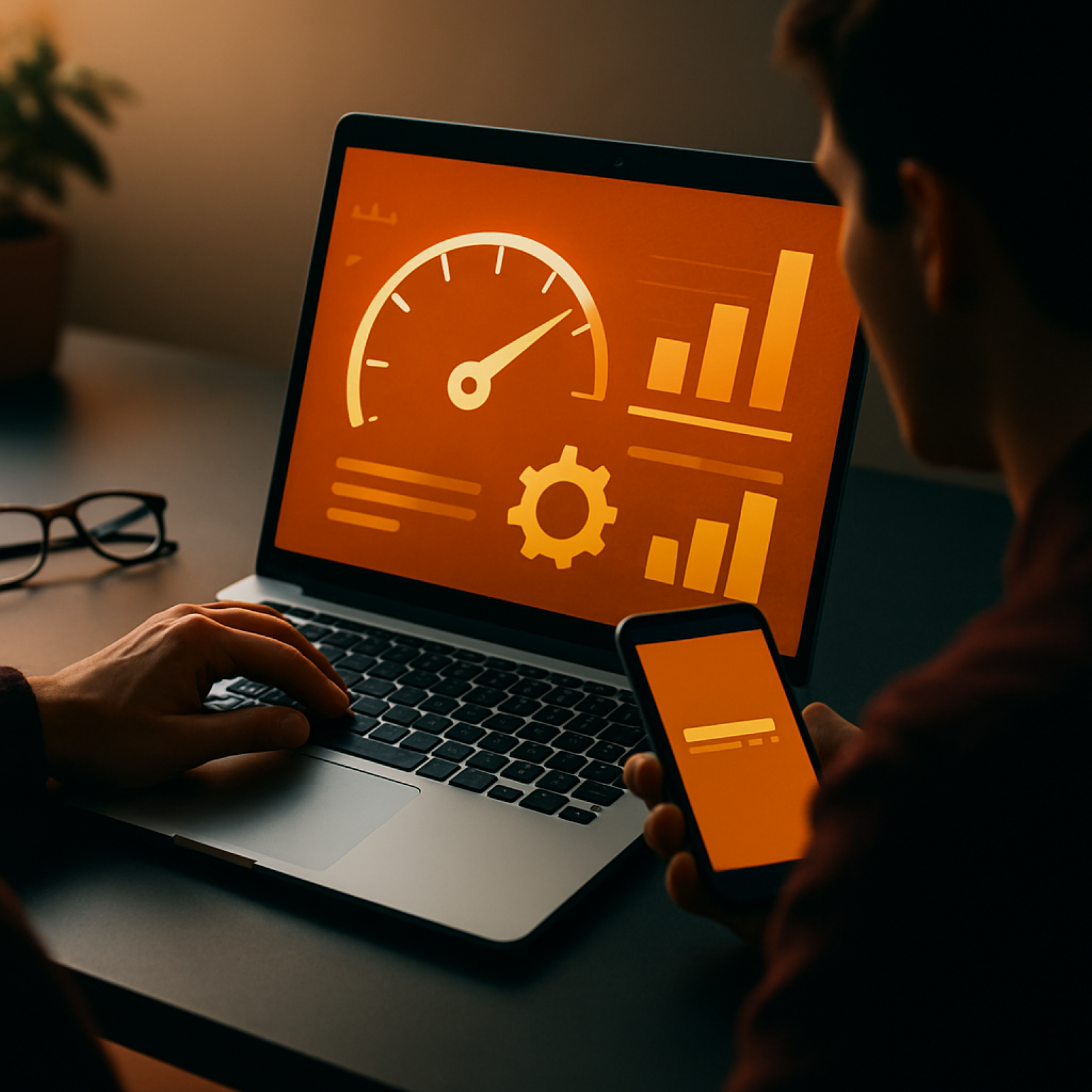 Developer optimizing web app performance metrics on a dashboard for faster load times