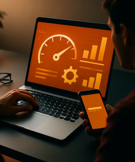 Developer optimizing web app performance metrics on a dashboard for faster load times
