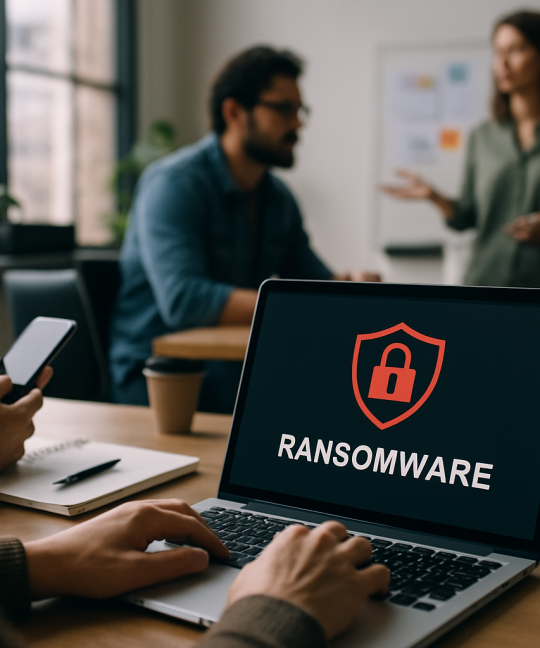 Cybersecurity team building a ransomware defense strategy on dashboards and monitors