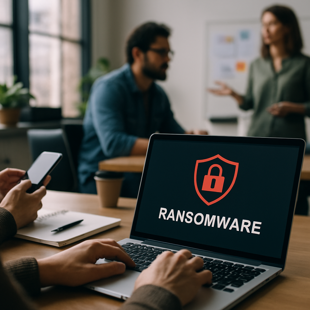 Cybersecurity team building a ransomware defense strategy on dashboards and monitors