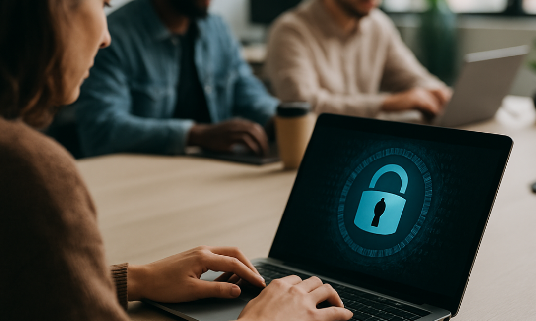 Remote worker laptop protected by endpoint security software dashboard