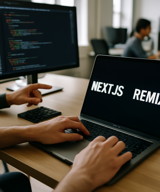 Side by side comparison illustration showing Next.js vs Remix framework features for 2026