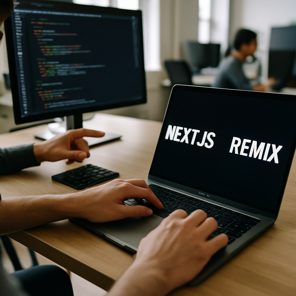 Side by side comparison illustration showing Next.js vs Remix framework features for 2026