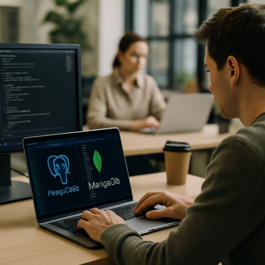 Side by side comparison illustrating PostgreSQL vs MongoDB database differences