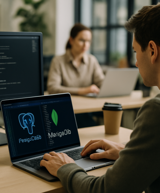 Side by side comparison illustrating PostgreSQL vs MongoDB database differences