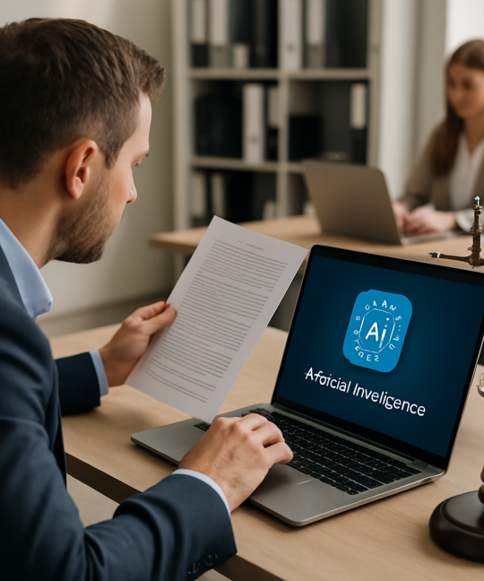 Lawyer using AI document processing software to review contracts on a laptop
