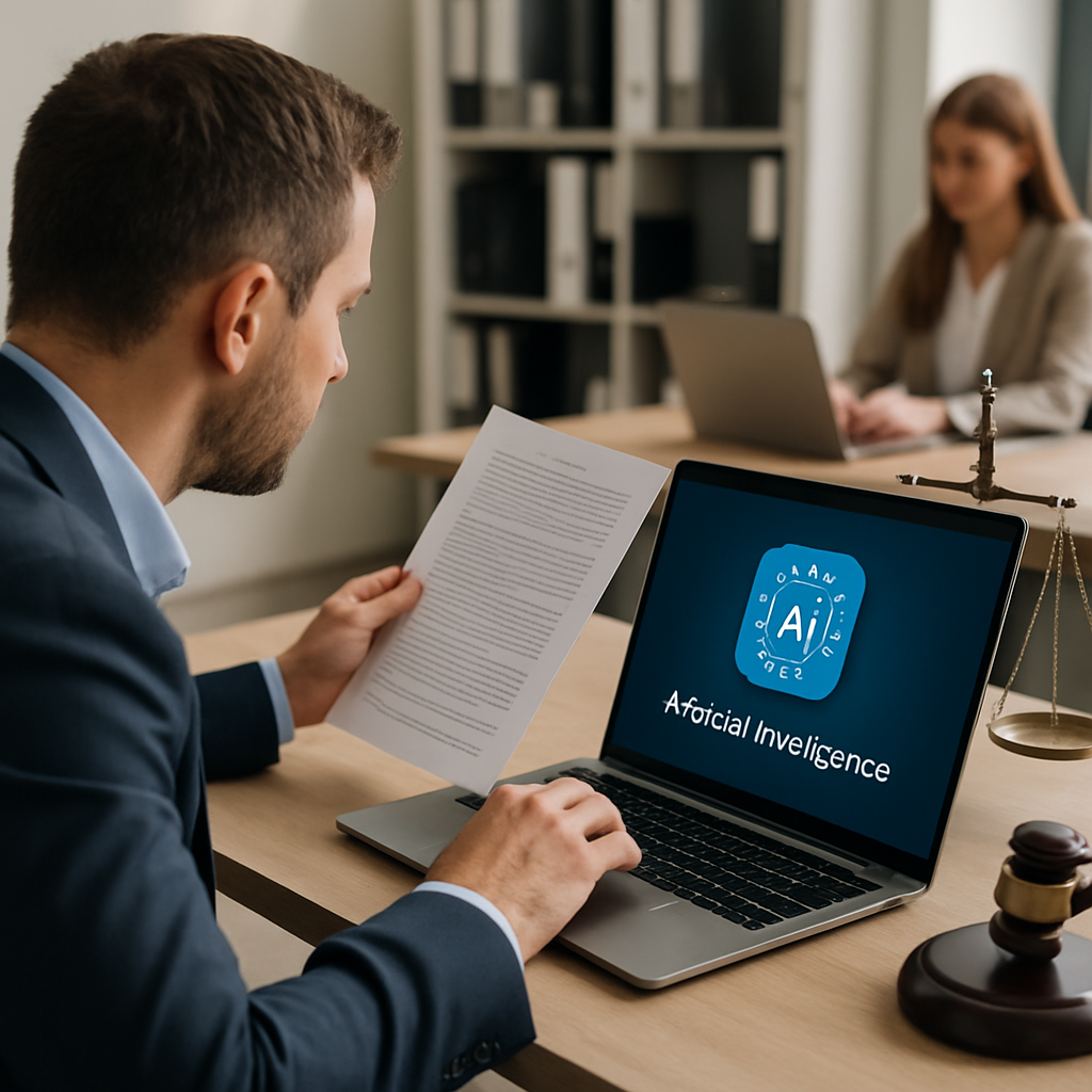 Lawyer using AI document processing software to review contracts on a laptop