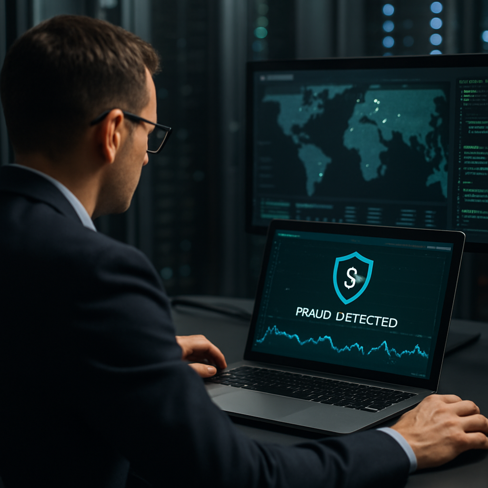 Fintech analyst reviewing AI fraud detection dashboards with real-time risk scores