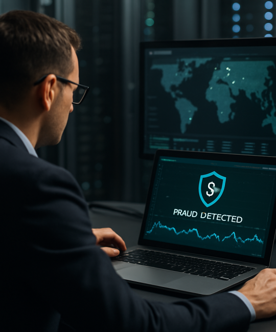 Fintech analyst reviewing AI fraud detection dashboards with real-time risk scores