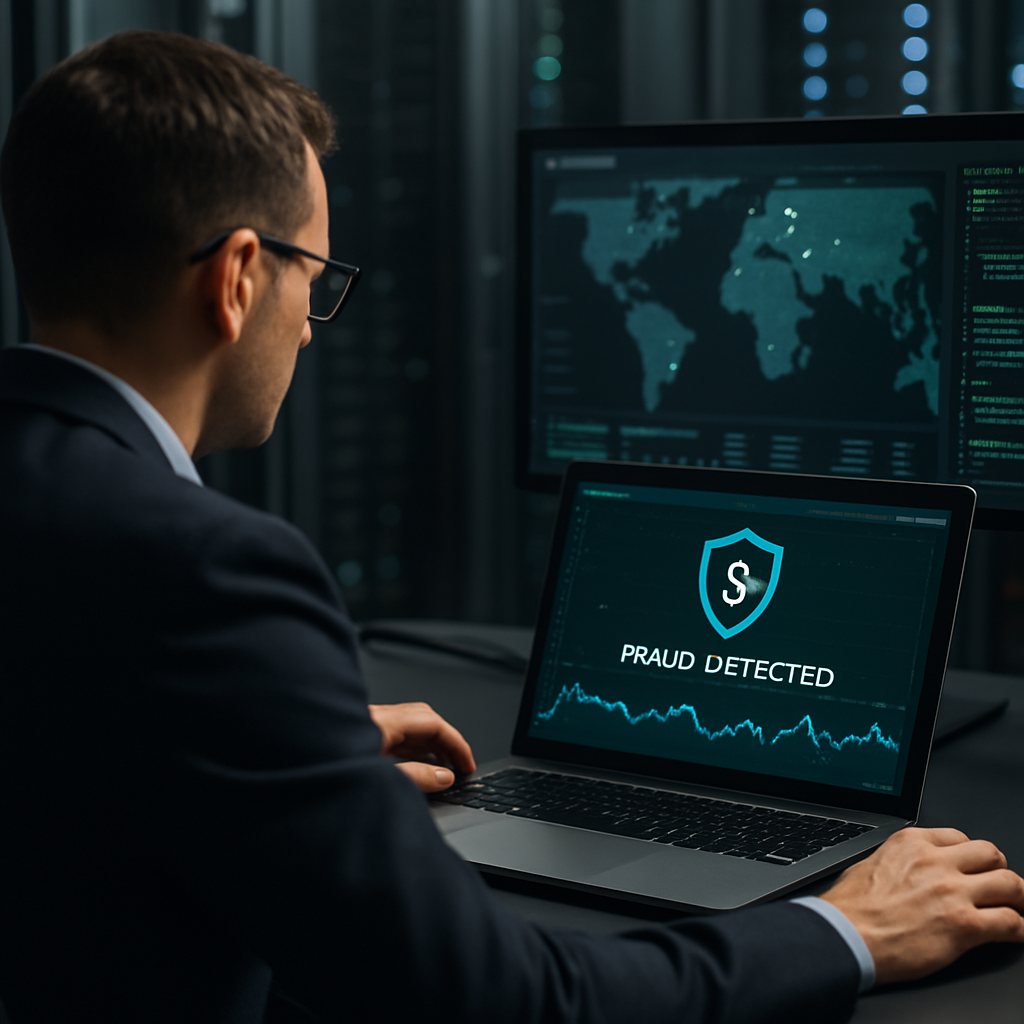 Fintech analyst reviewing AI fraud detection dashboards with real-time risk scores