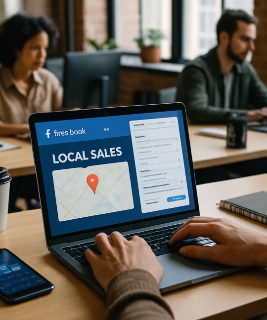 Small business owner reviewing Facebook ads tactics dashboard for local sales campaigns