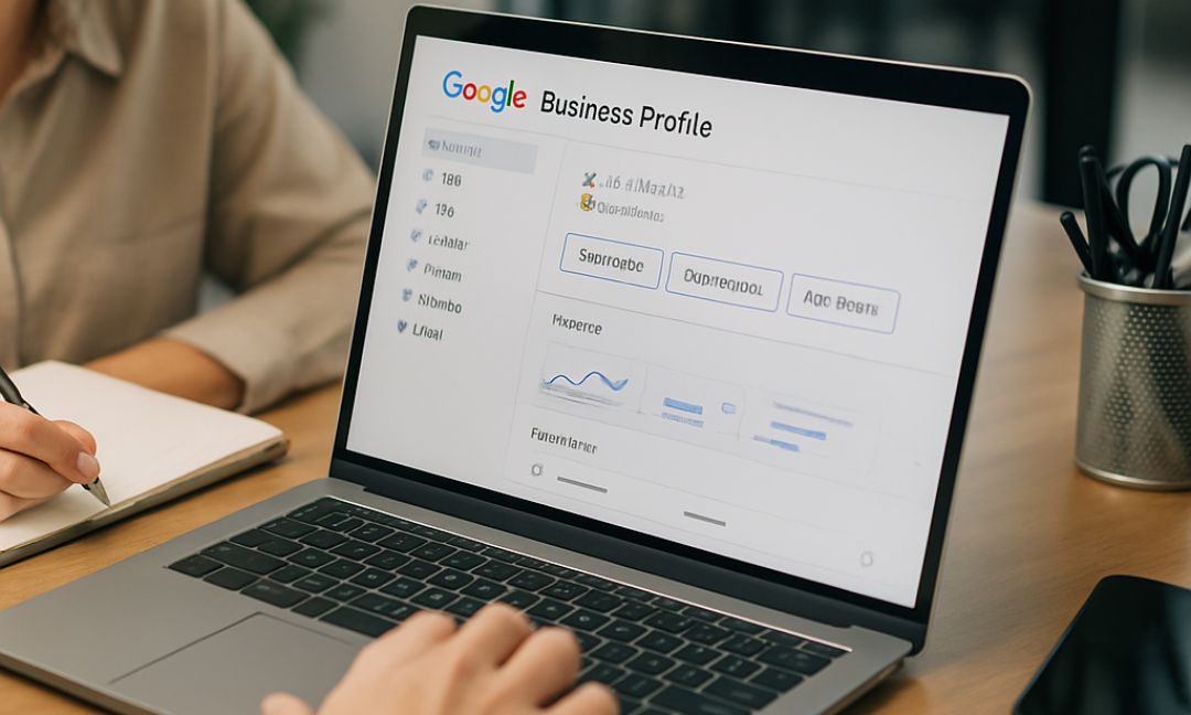 Local business owner optimizing a Google Business Profile on a laptop dashboard