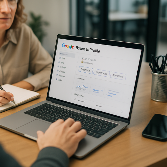 Local business owner optimizing a Google Business Profile on a laptop dashboard