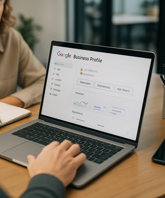 Local business owner optimizing a Google Business Profile on a laptop dashboard
