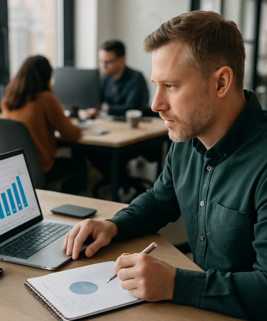 SMB owner reviewing IT budget planning spreadsheet on laptop with charts