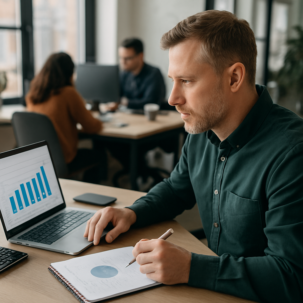 SMB owner reviewing IT budget planning spreadsheet on laptop with charts