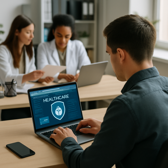 Healthcare IT compliance checklist on a clinician's tablet next to a stethoscope