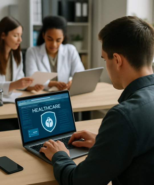 Healthcare IT compliance checklist on a clinician's tablet next to a stethoscope