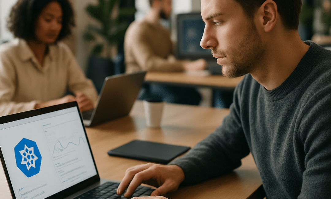 Engineer reviewing Kubernetes autoscaling dashboard for a cloud-native application