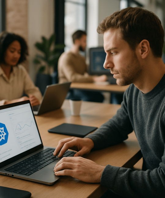 Engineer reviewing Kubernetes autoscaling dashboard for a cloud-native application