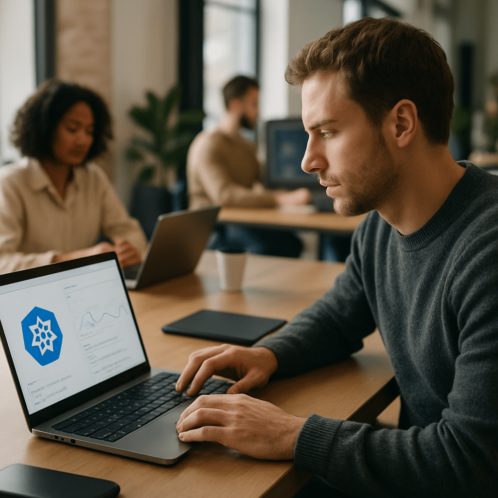 Engineer reviewing Kubernetes autoscaling dashboard for a cloud-native application