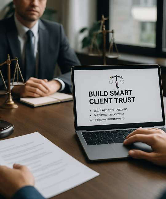 Attorney reviewing a law firm website UX redesign on a laptop with client testimonials visible