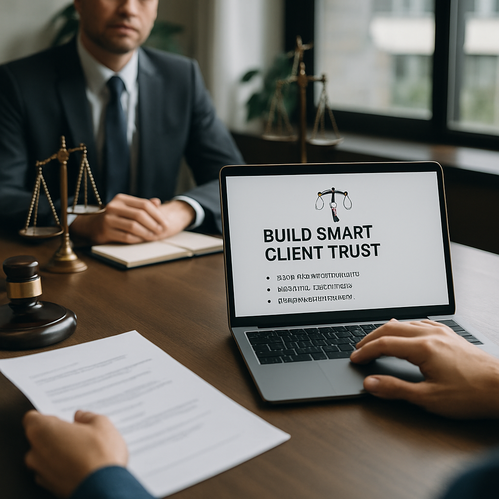 Attorney reviewing a law firm website UX redesign on a laptop with client testimonials visible