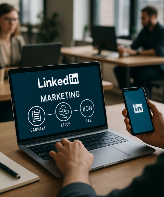 Marketer reviewing LinkedIn marketing tactics dashboard for B2B lead generation