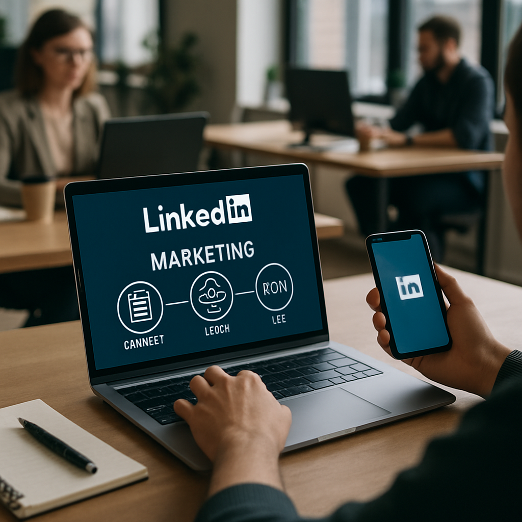 Marketer reviewing LinkedIn marketing tactics dashboard for B2B lead generation
