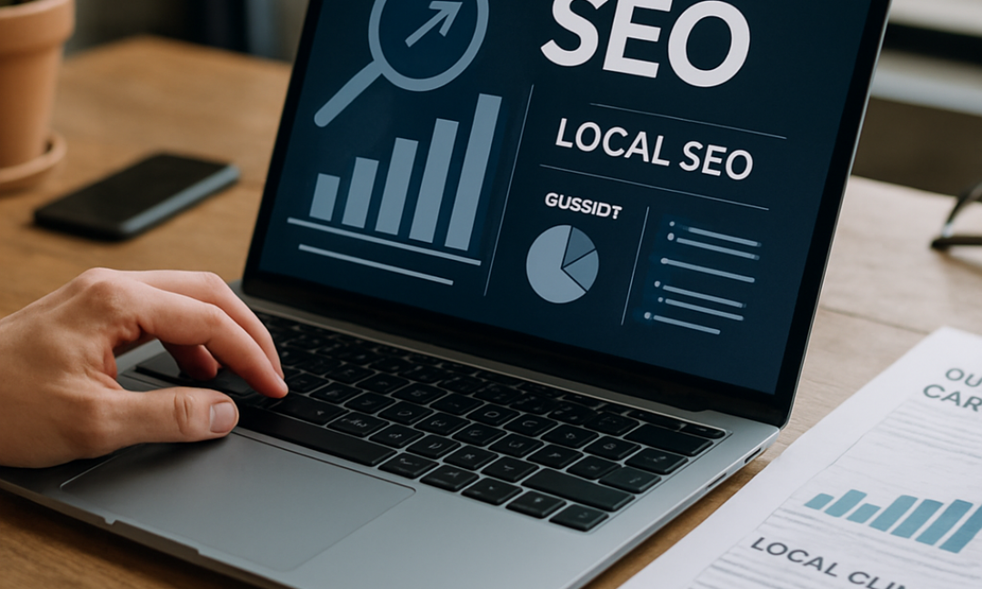Dentist reviewing local SEO for dental clinics dashboard on a laptop