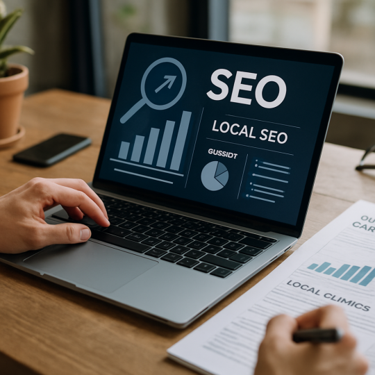 Dentist reviewing local SEO for dental clinics dashboard on a laptop