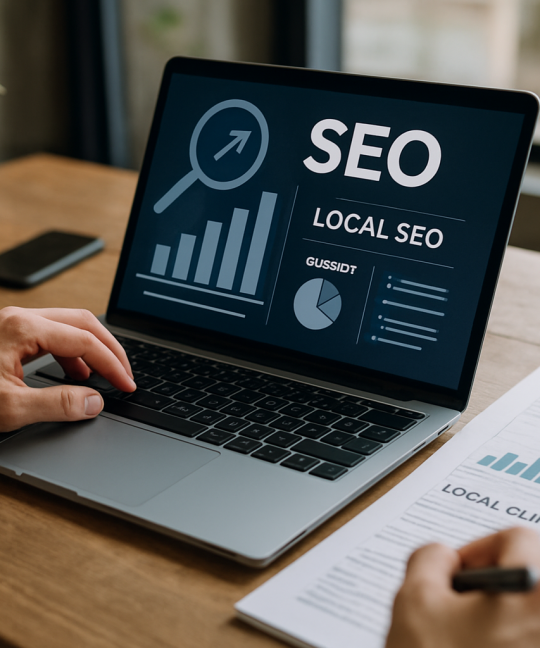Dentist reviewing local SEO for dental clinics dashboard on a laptop