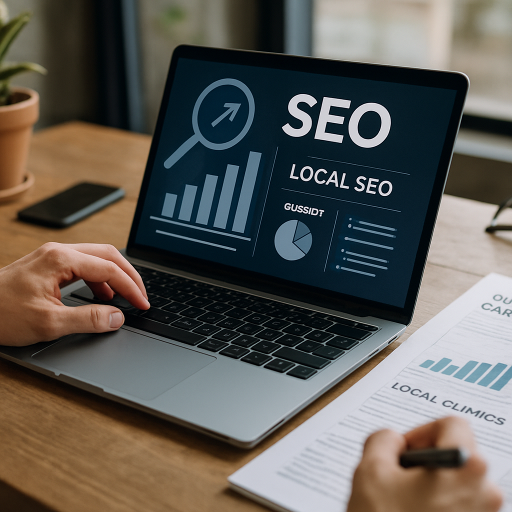 Dentist reviewing local SEO for dental clinics dashboard on a laptop