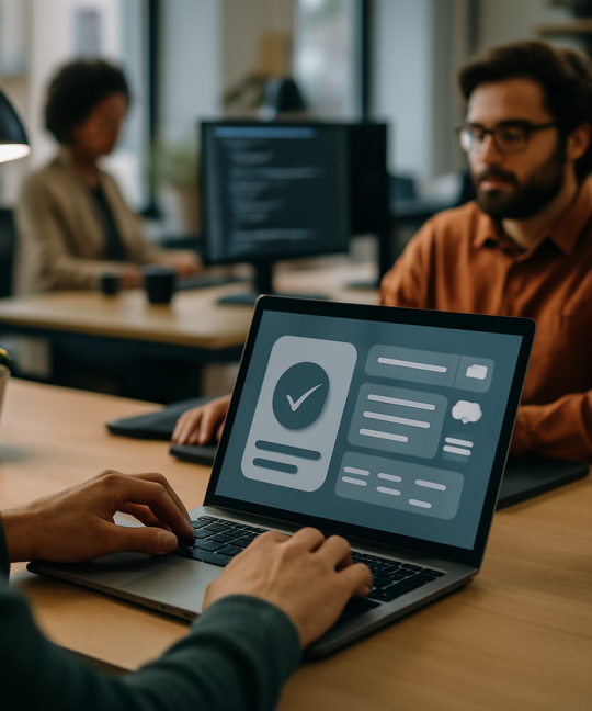 Designer prototyping microinteraction design patterns on a laptop screen