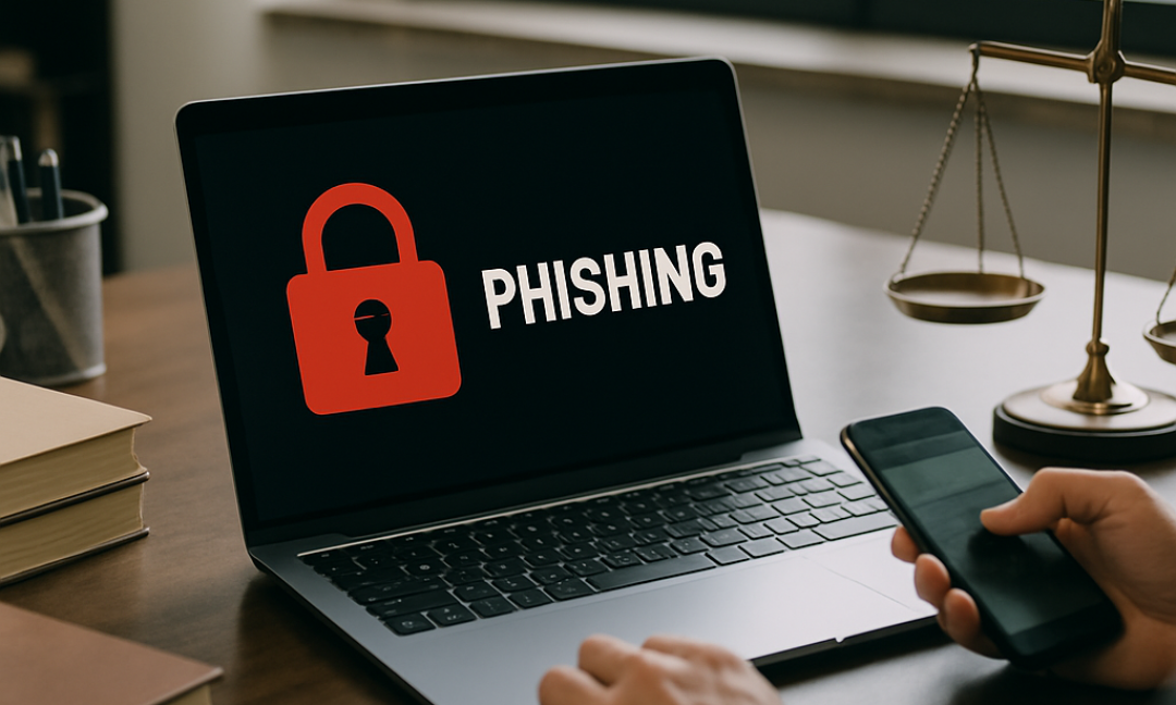 Lawyer reviewing phishing attack defenses on a secure laptop screen