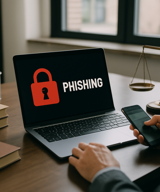 Lawyer reviewing phishing attack defenses on a secure laptop screen