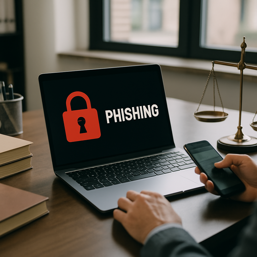 Lawyer reviewing phishing attack defenses on a secure laptop screen