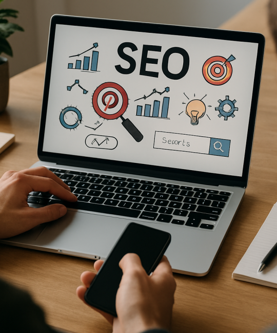 Marketer planning Pinterest SEO tactics on a laptop with analytics dashboards visible