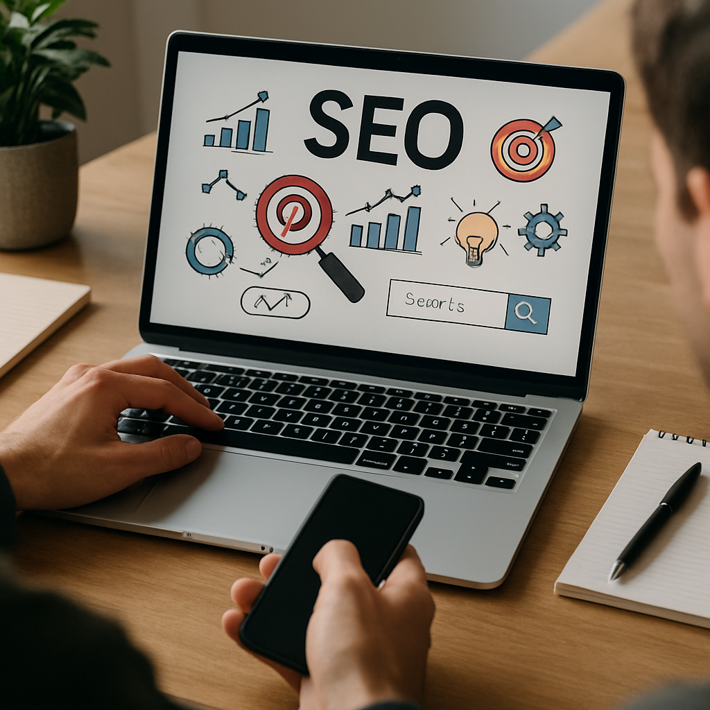Marketer planning Pinterest SEO tactics on a laptop with analytics dashboards visible