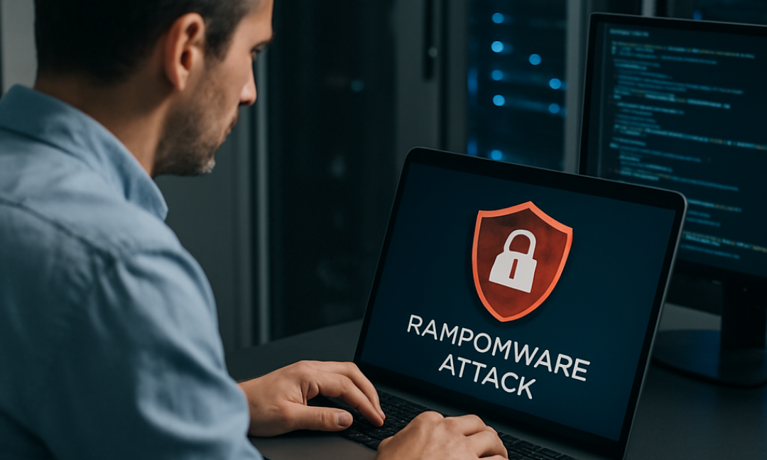 Clinic IT manager reviewing ransomware defense tactics on a secured dashboard